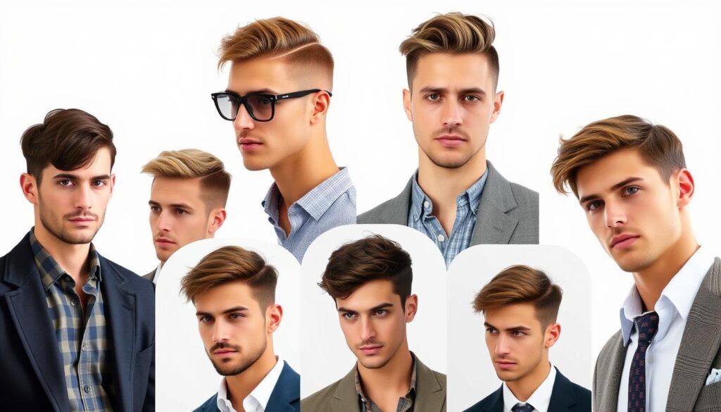 A collection of stylish preppy hairstyles for men, featuring neatly combed, side-parted looks, classic crew cuts, and textured quiffs