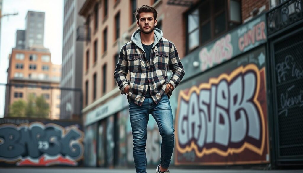 A fashionable man wearing a flannel shirt layered over a cozy hoodie, standing confidently in an urban environment