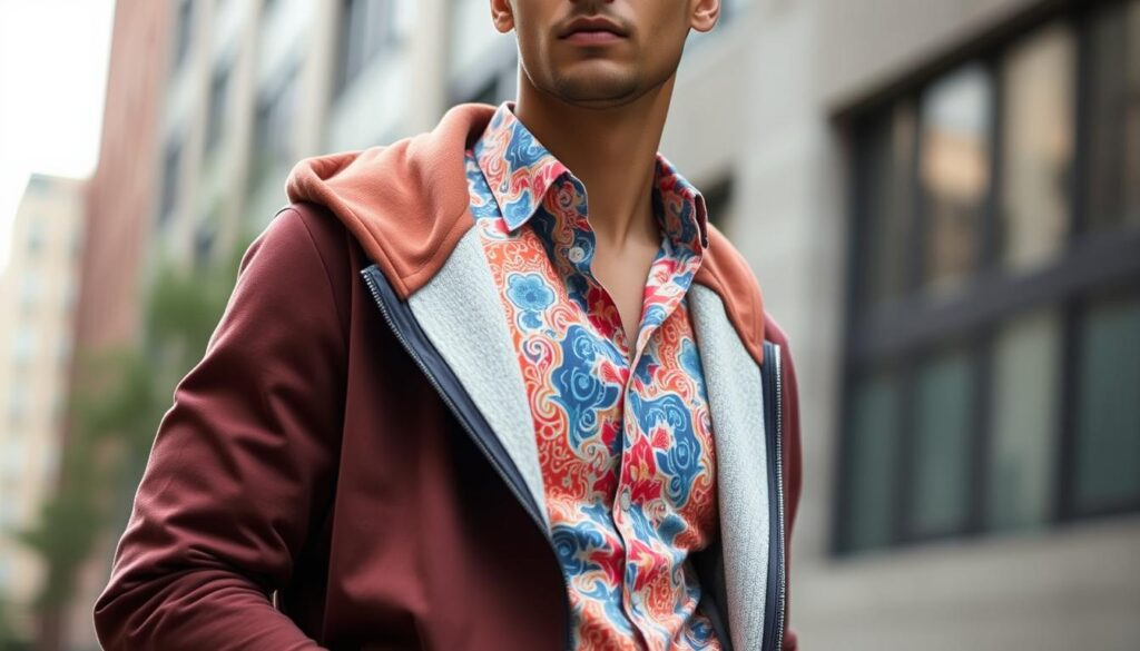 A stylish man wearing a vibrant, patterned button-up shirt layered over a cozy hoodie