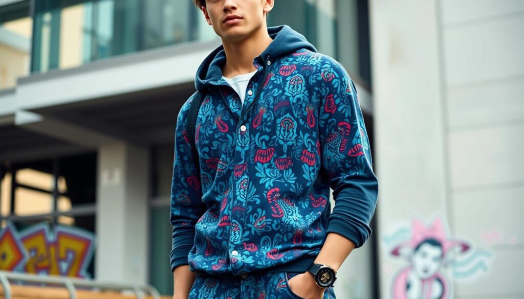 A stylish young man wearing a patterned button-up shirt layered over a casual hoodie