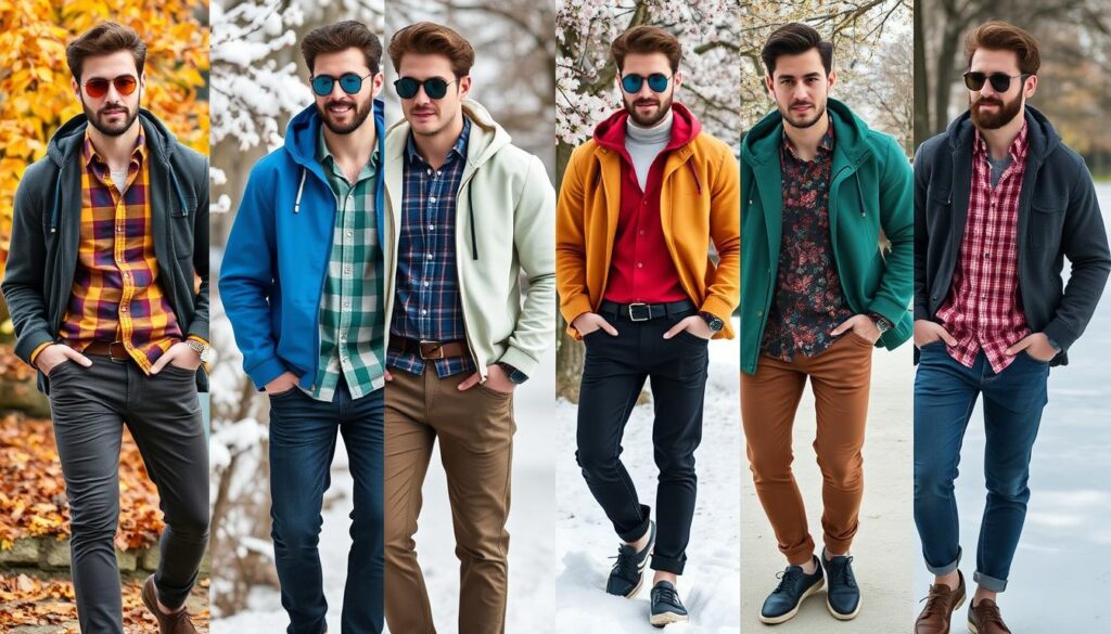 An array of stylish men showcasing seasonal layering outfits, featuring vibrant shirts over hoodies