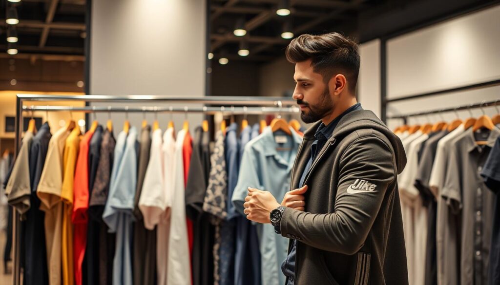 A well-dressed man standing in front of a stylish clothing rack filled with various shirts, casually comparing different shirt designs and colors