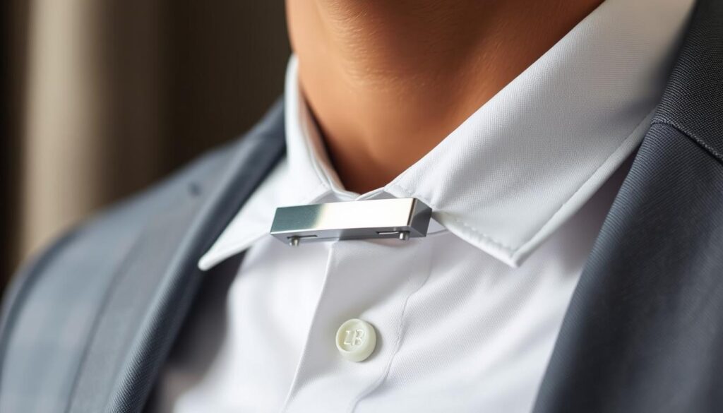 A close-up shot of a stylish collar bar displayed elegantly on a crisp white dress shirt