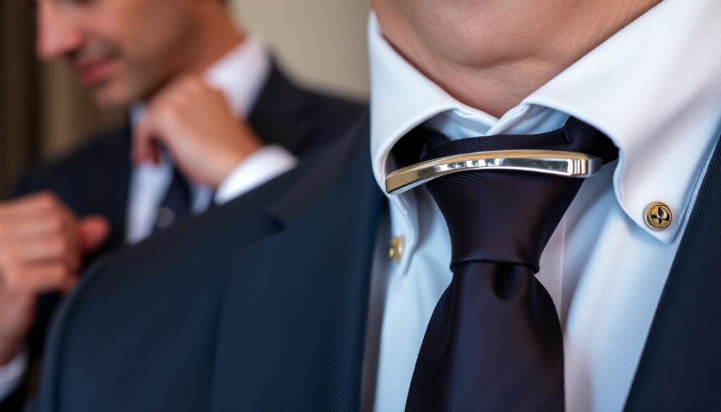 A close-up view of a stylish men's dress shirt collar with an elegant collar bar