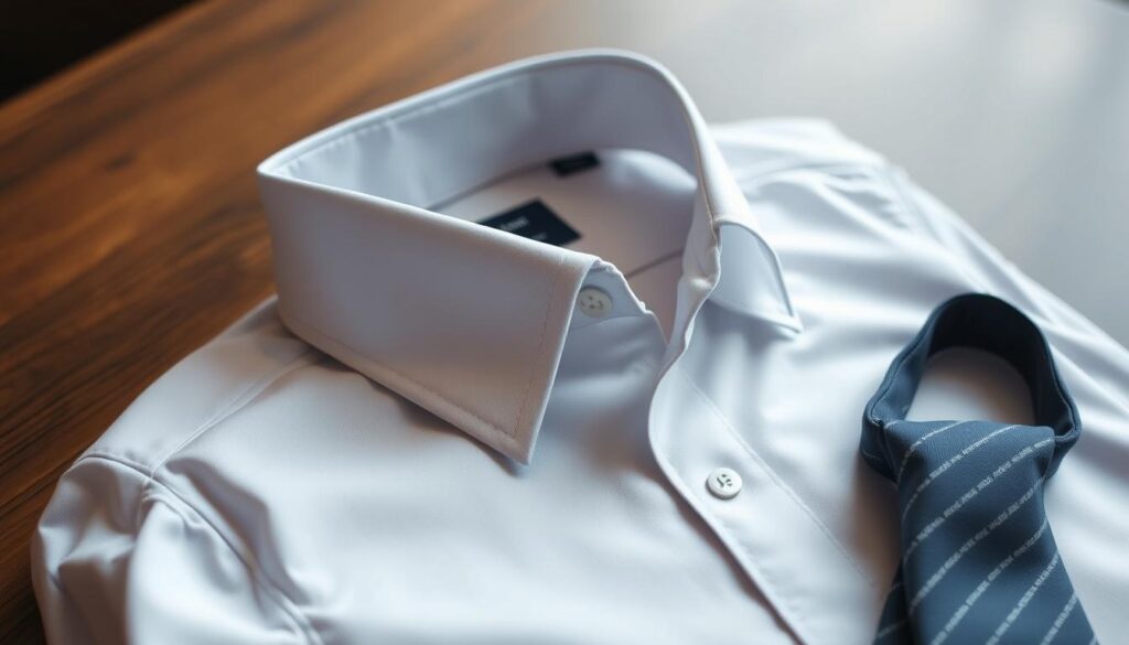 A stylish men's dress shirt featuring a sleek collar bar, elegantly arranged on a wooden table