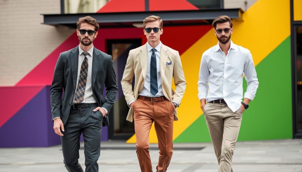 Modern preppy fashion for men, featuring tailored blazers, crisp collared shirts, knitted ties, and smart chinos, set against a stylish urban backdrop with pops of color and textures