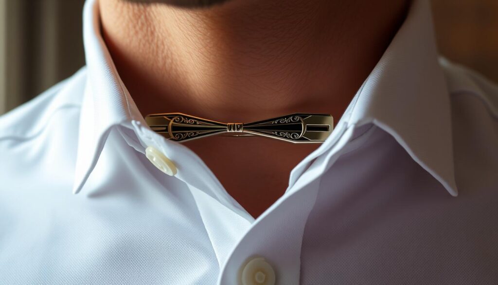 A stylish men's collar bar brooch, elegantly designed, featuring a sleek metal finish with intricate detailing. The brooch is displayed on a crisp white dress shirt collar,