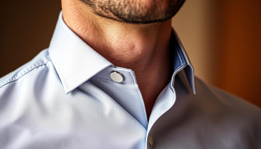 A close-up of a stylish man wearing a sharp dress shirt with a sleek collar bar, showcasing an elegant and sophisticated look