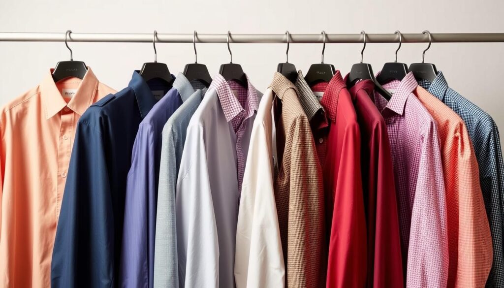 A stylish arrangement of men's spread collar shirts in various colors and patterns, displayed neatly on hangers against a minimalist background