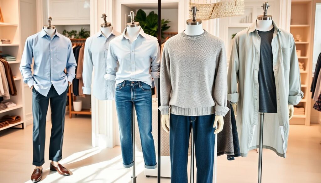 A collection of stylish casual outfits featuring spread collar shirts, displayed on mannequins in a bright and airy boutique setting.