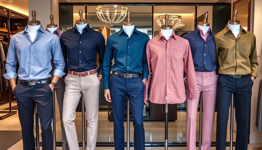 A collection of stylish spread collar shirts in various colors and patterns, displayed on mannequins in a fashion-forward setting. Include outfits for casual