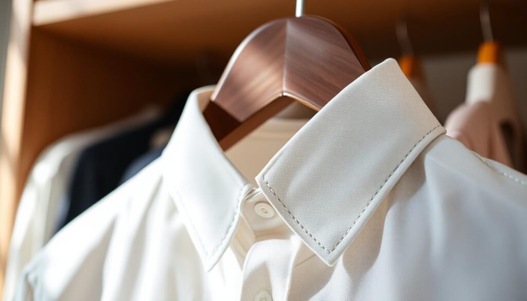 A close-up of a stylish point collar shirt displayed on a sleek wooden hanger,