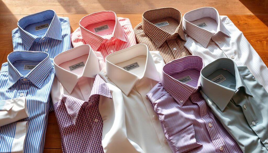 A collection of men's dress shirts featuring various point collar designs, arranged neatly on a wooden table