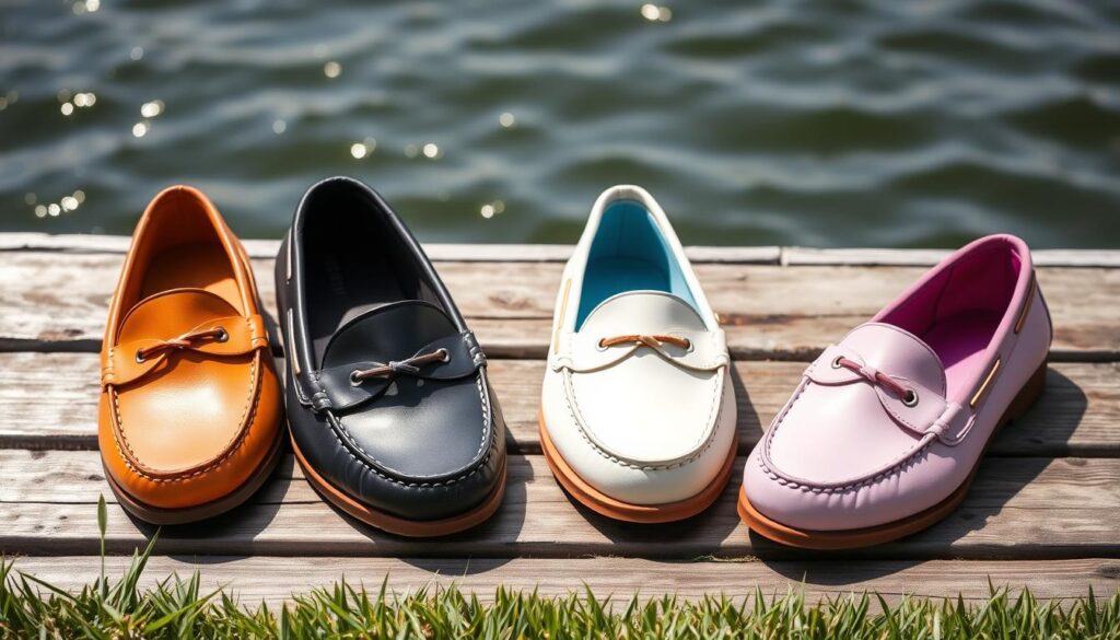 A stylish display of preppy boat shoes and loafers, set on a wooden dock with gently lapping water in the background.