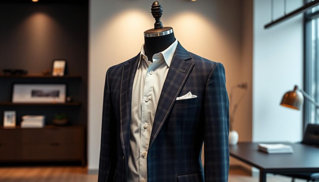 A sophisticated flannel suit displayed on a sleek mannequin in a modern office environment,