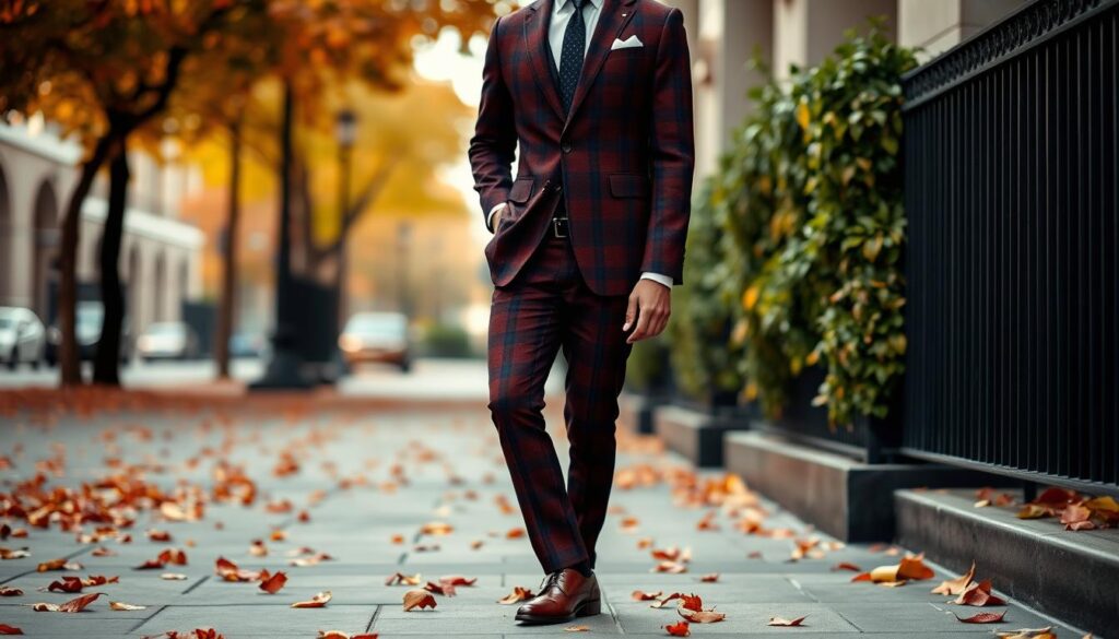 A sophisticated man wearing a tailored flannel suit, standing confidently in a stylish urban setting,