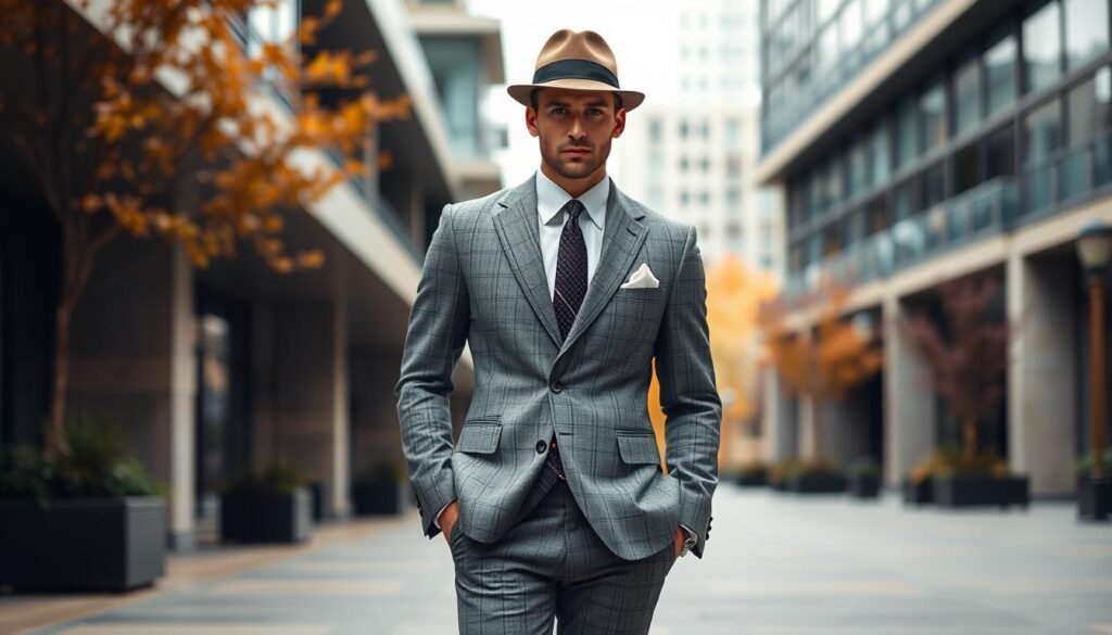 A sophisticated man in a tailored gray flannel suit, standing confidently in an urban setting.