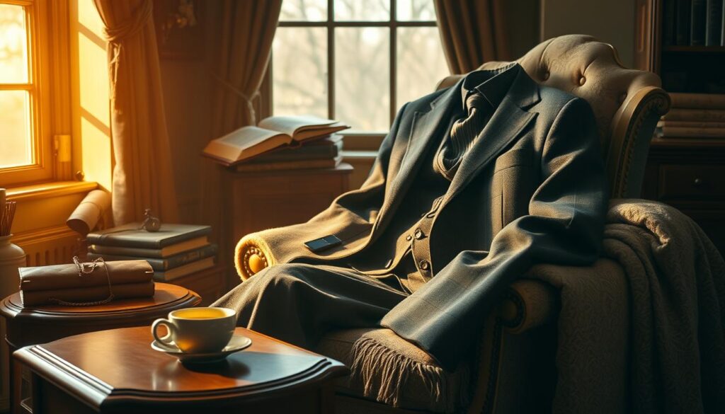 A cozy, warmly lit study featuring a beautifully tailored flannel suit draped over a vintage armchair,