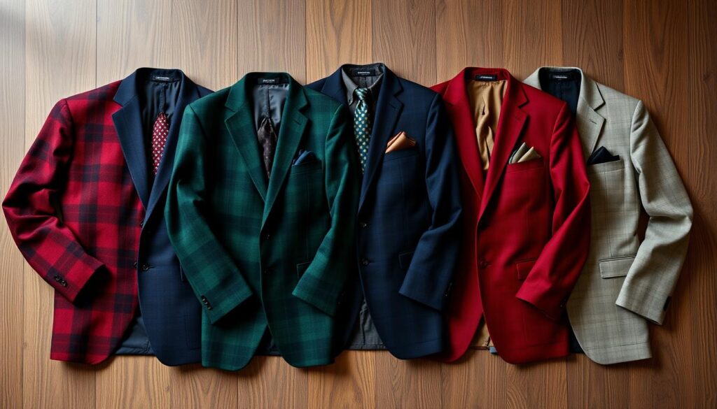 A flat lay arrangement showcasing a variety of flannel suits in different colors