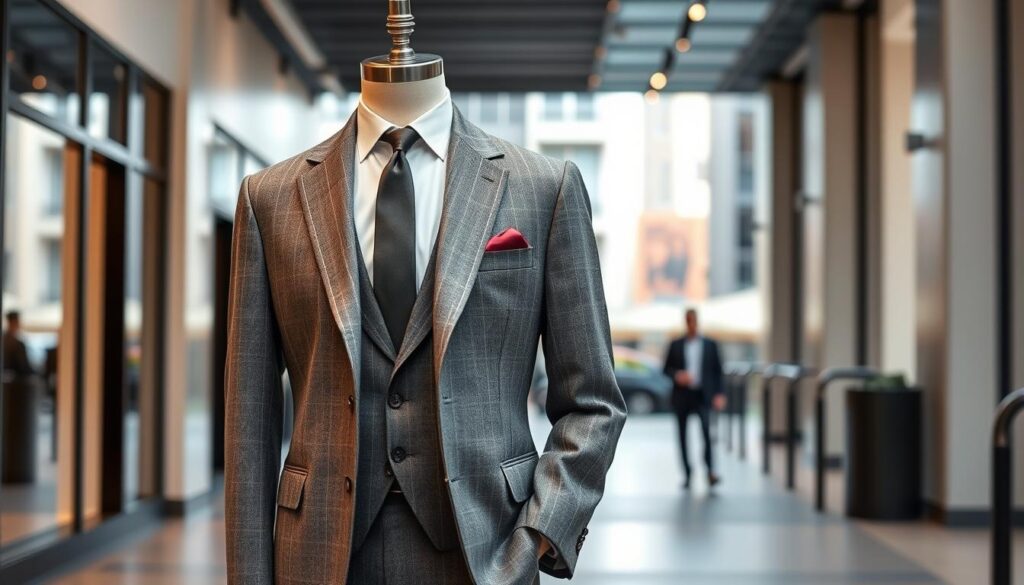 A stylish gray flannel suit displayed on a mannequin in a sophisticated urban setting,