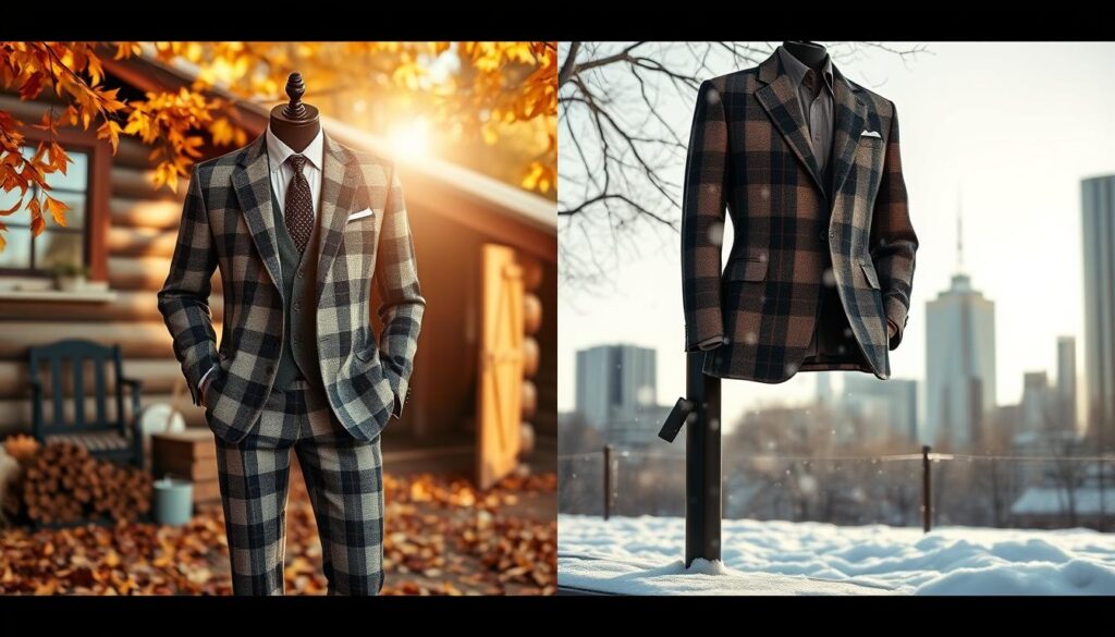 A stylish flannel suit displayed in a cozy autumn setting, surrounded by fallen leaves in warm hues, with a backdrop of a rustic cabin and soft golden sunlight filtering through trees, emphasizing the comfort and elegance of the fabric; a separate scene featuring a flannel suit against a winter landscape, showcasing snowflakes gently falling,