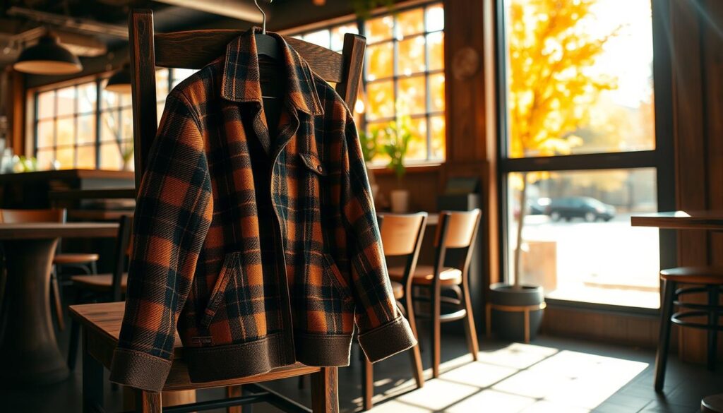 A stylish flannel jacket hanging casually on a rustic wooden chair in a cozy coffee shop,