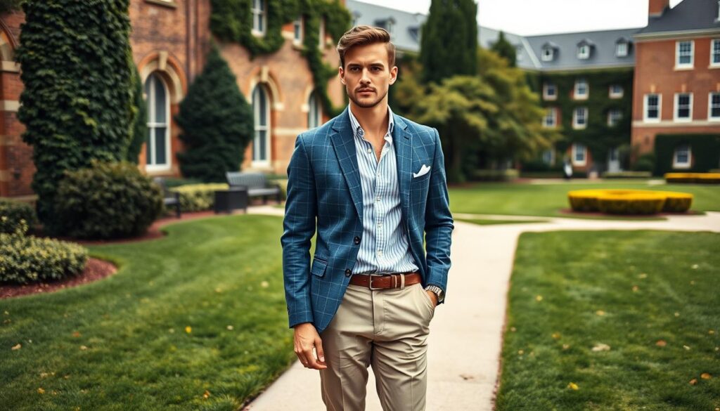 A stylish male figure dressed in perfectly tailored preppy attire, featuring a fitted blazer over a crisp button-down shirt