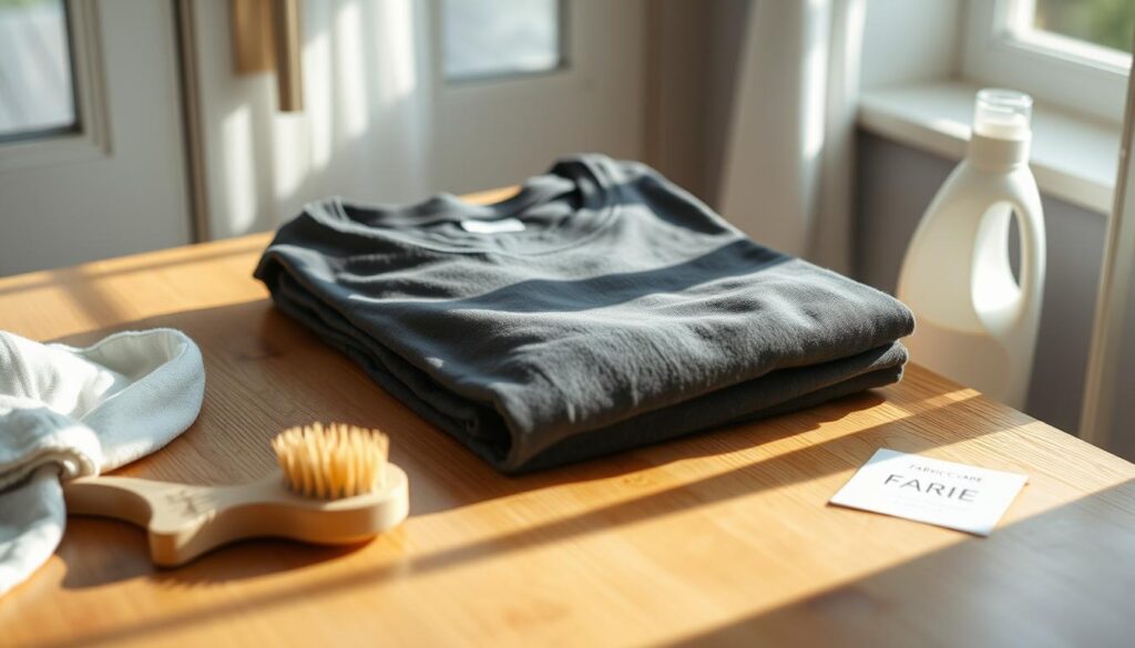 A neatly folded crewneck t-shirt on a wooden table