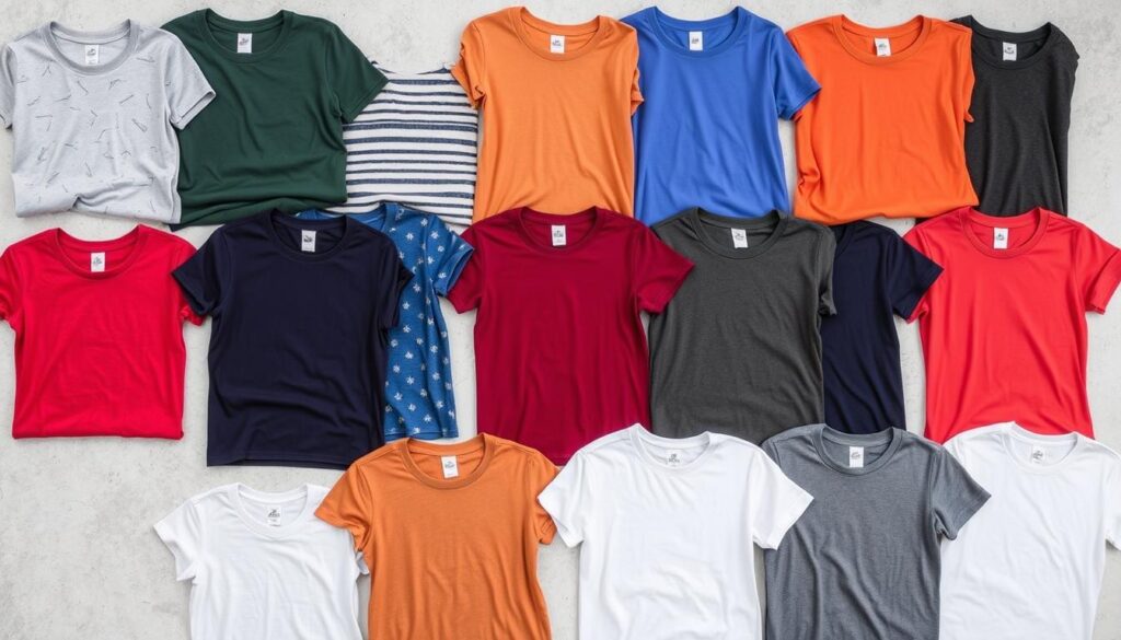 A collection of various crewneck t-shirts displayed on a neutral background