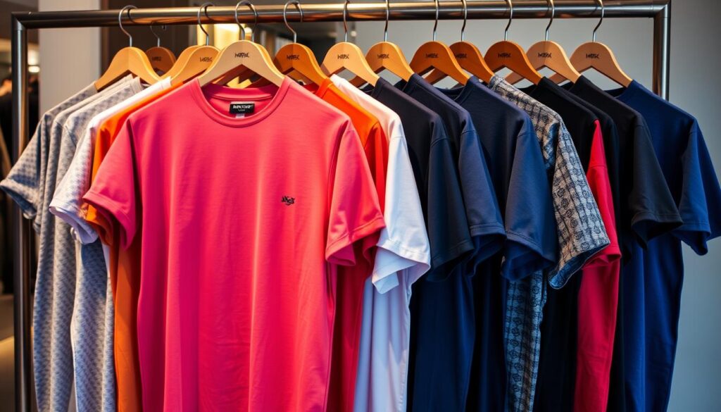 A collection of stylish men's crewneck t-shirts displayed on a vibrant clothing rack