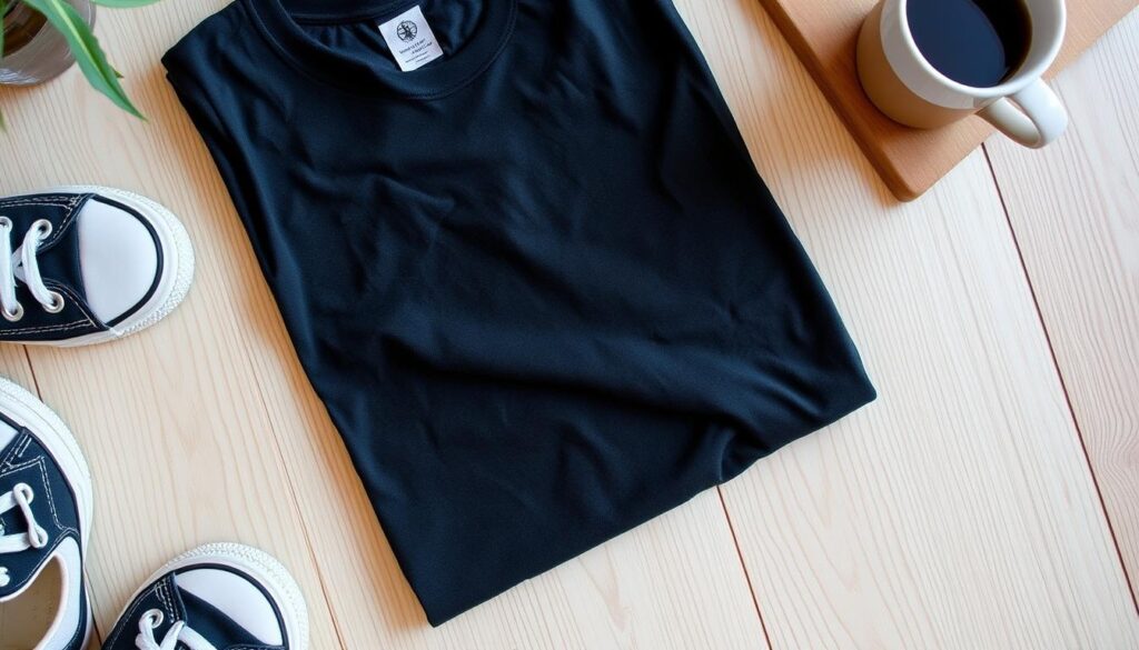 A cozy, soft cotton crewneck t-shirt neatly folded on a light wooden surface