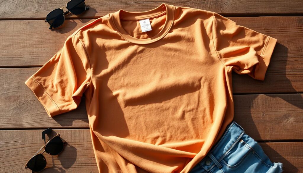 A cozy and stylish crewneck t-shirt displayed on a rustic wooden table