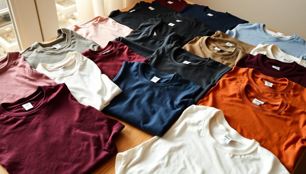 A neatly arranged collection of various crewneck t-shirts in different colors and styles