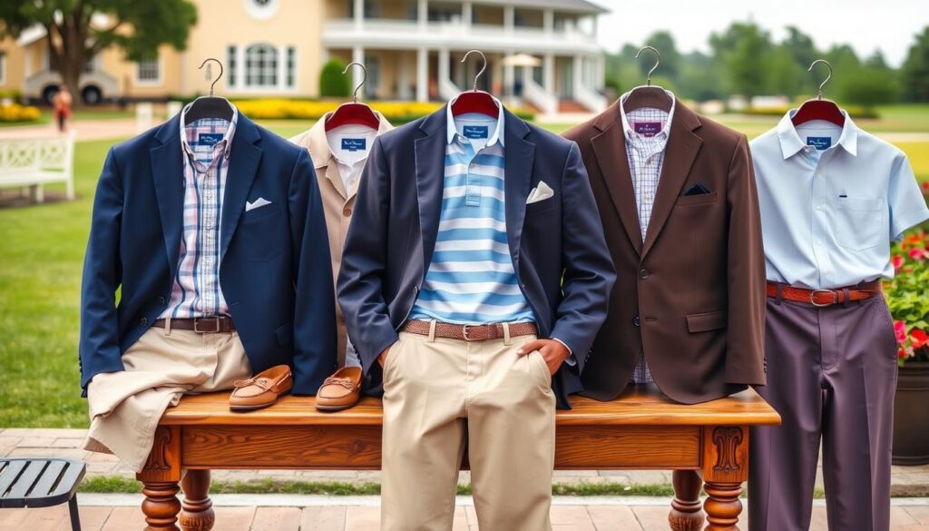 A stylish collection of preppy menswear, featuring tailored blazers, classic polo shirts, and smart chinos, arranged on a vintage wooden table