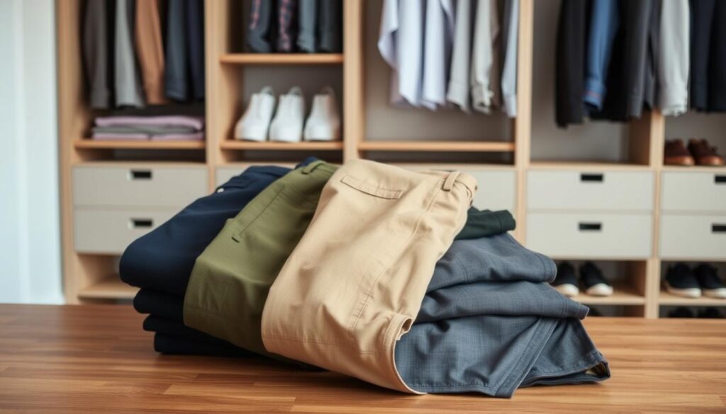 A collection of stylish chino pants displayed on a sleek wooden table