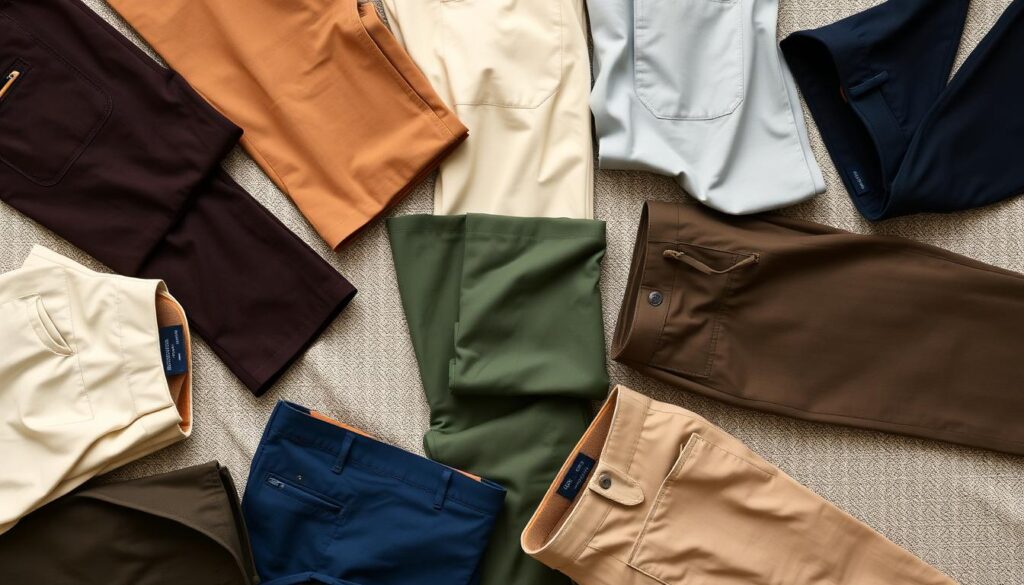 A stylish flat lay of various chino pants in different colors and fabrics