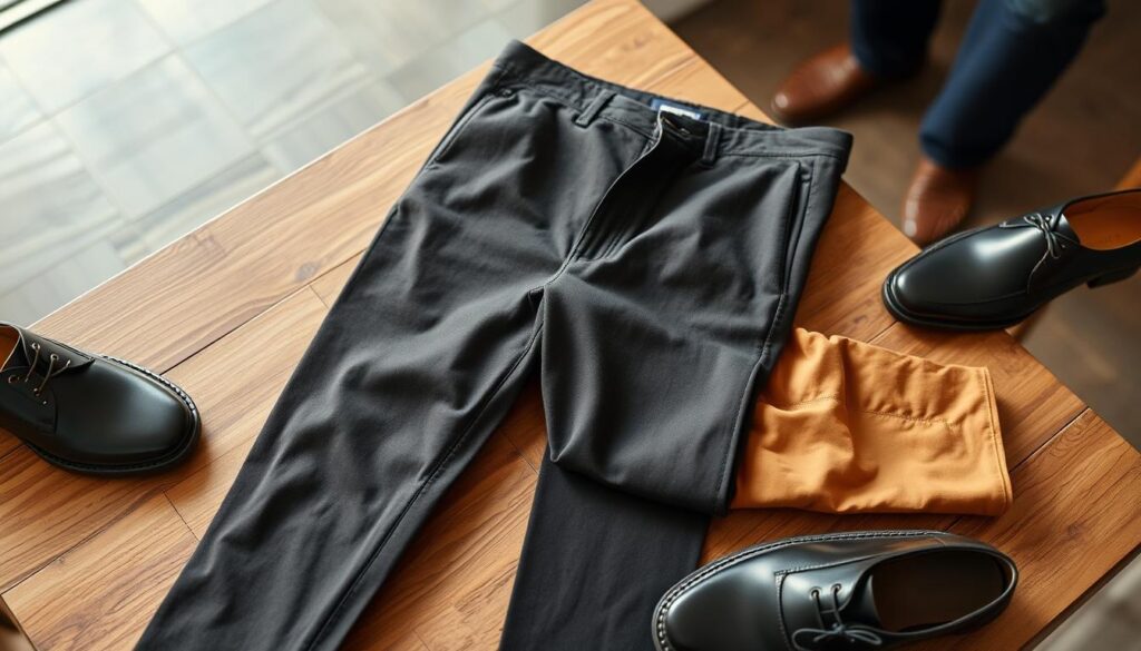 A stylish pair of versatile chinos in various colors and textures displayed on a wooden table