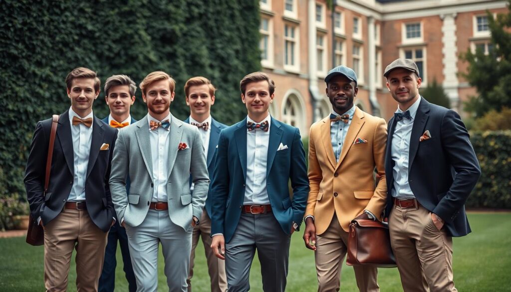 A classic Ivy League campus scene featuring a group of well-dressed men in preppy attire, showcasing tailored blazers, crisp white dress shirts, colorful bow ties, and neatly pressed chinos