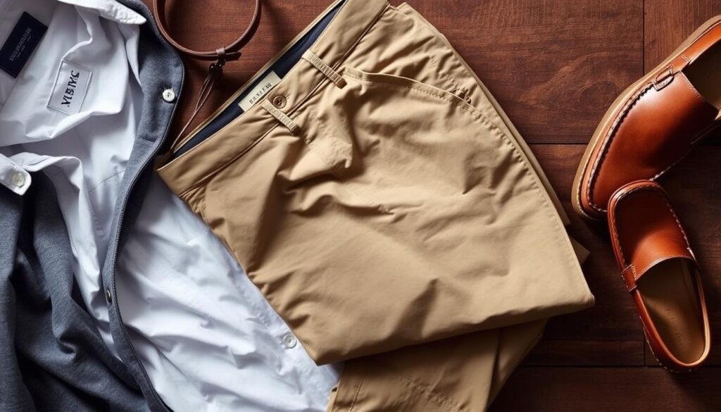 A pair of stylish khaki chinos folded neatly on a wooden surface