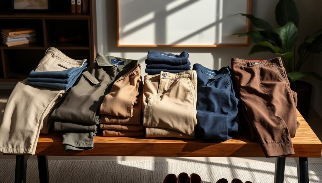 A fashionable collection of chino pants displayed in a stylish setting