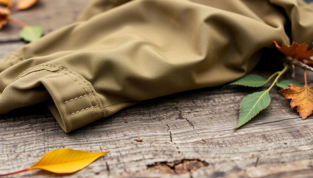 A close-up view of durable chino pants on a rustic wooden surface