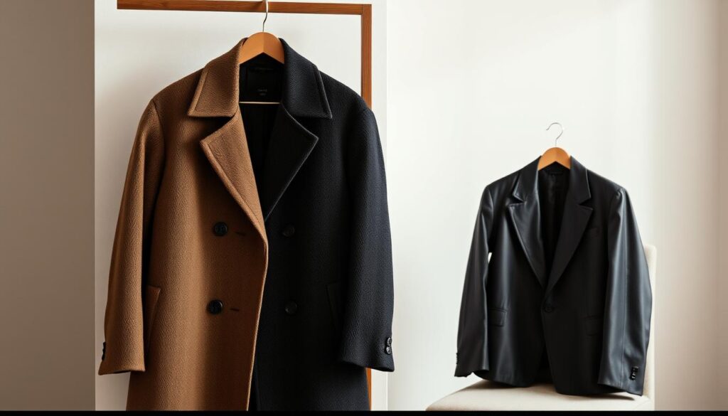 A stylish coat hanging on a wooden rack beside a sleek jacket draped over a chair