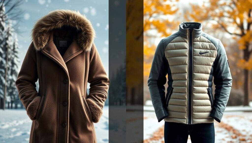 A split image showcasing a coat on one side and a jacket on the other,