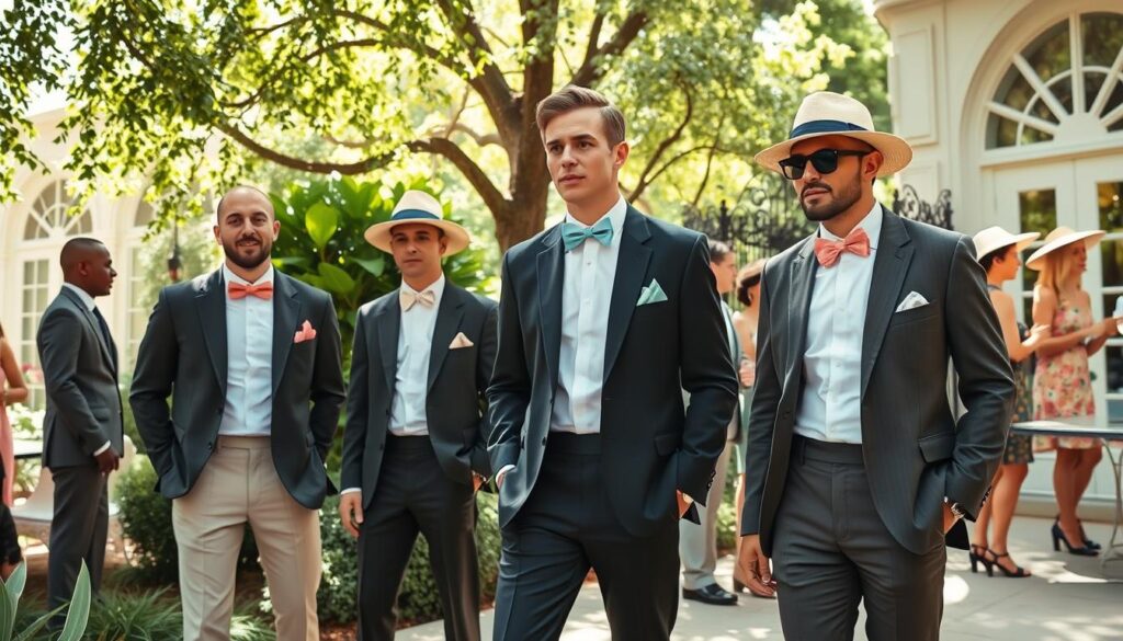 Vintage summer garden party scene, elegant men in tailored blazers and crisp white shirts, pastel-colored bow ties, classic loafers, and Panama hats,