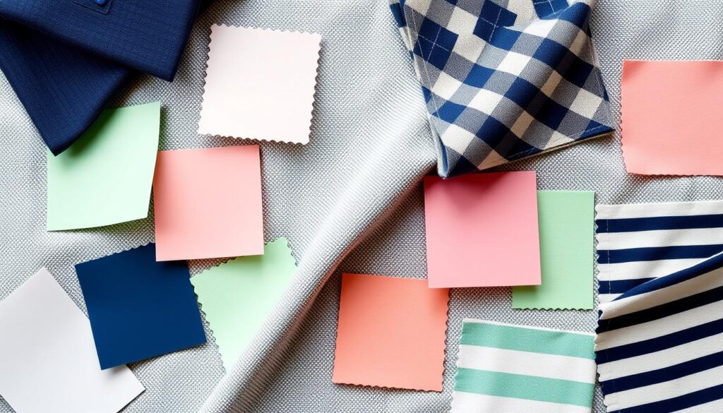 A vibrant display of preppy color palettes featuring classic combinations like navy blue and khaki, pastel pink and mint green, along with iconic patterns such as argyle, gingham, and stripes.