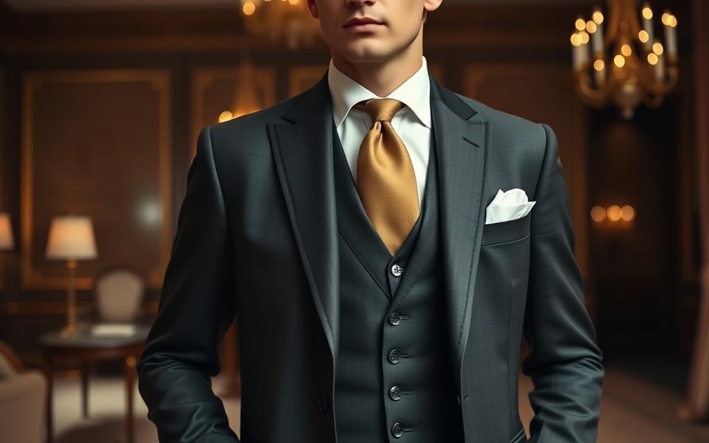 A sophisticated gentleman dressed in high society attire, featuring a tailored dark three-piece suit, crisp white dress shirt,