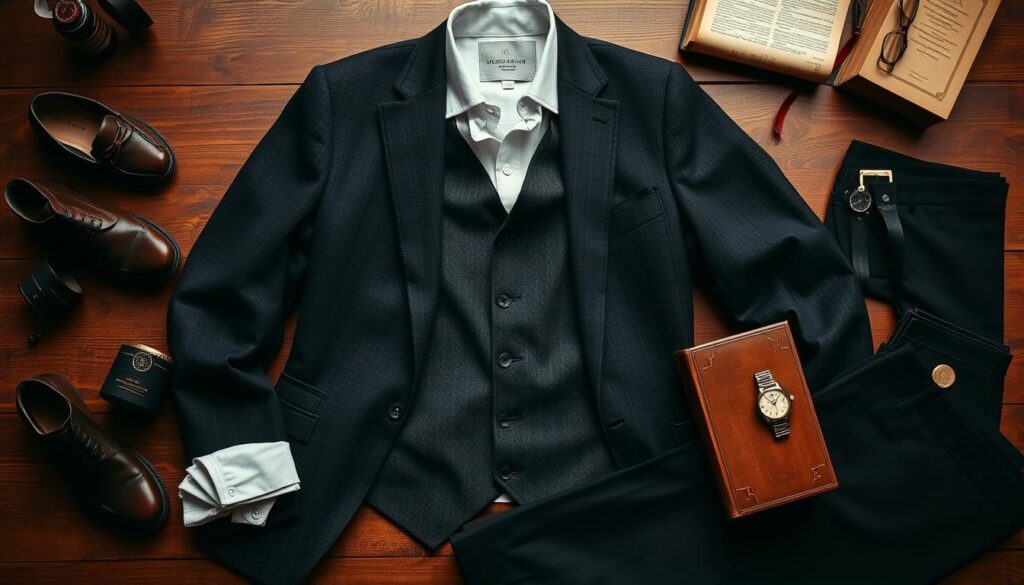 Men's Dark Academia fashion featuring dark blazer, waistcoat, shoes, watch, and books on a wooden surface