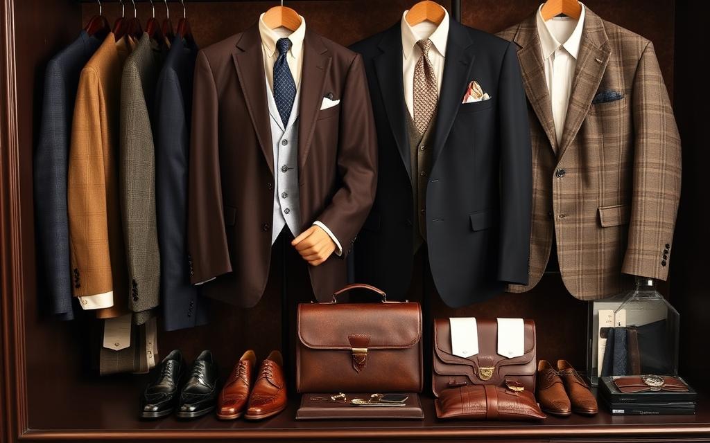 A luxurious men's wardrobe showcasing classic Old Money style, featuring tailored suits in rich fabrics like wool and cashmere, elegant dress shoes polished to perfection