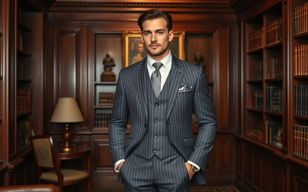 A sophisticated man in a tailored three-piece suit, featuring classic pinstripes and a crisp white dress shirt, standing elegantly in a vintage library