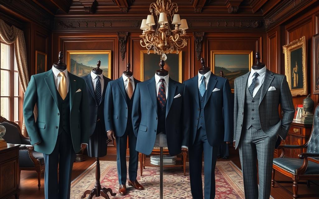 A sophisticated men's wardrobe featuring classic tailored suits, crisp dress shirts, and elegant accessories, set in an opulent vintage study with rich wood paneling